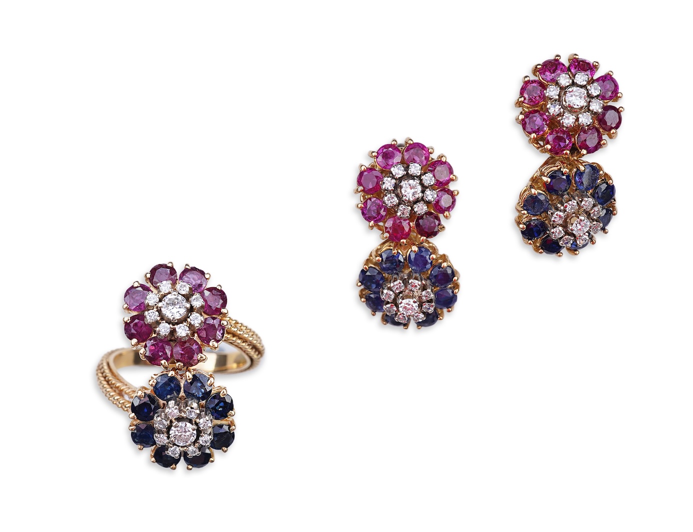 A sapphire, ruby and diamond demi-parure, mid 20th century